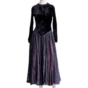 Vintage Norma Kamali Black Velvet Lace Overlay Long Sleeve Dress Women’s Size 12